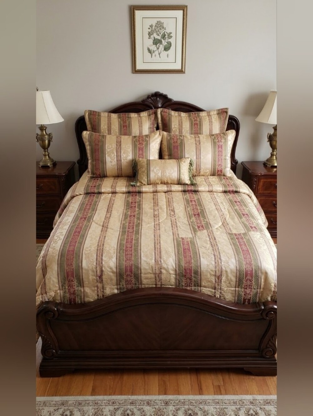 Elegant Striped Gold and Burgundy Comforter Set - Classic Home Bedding